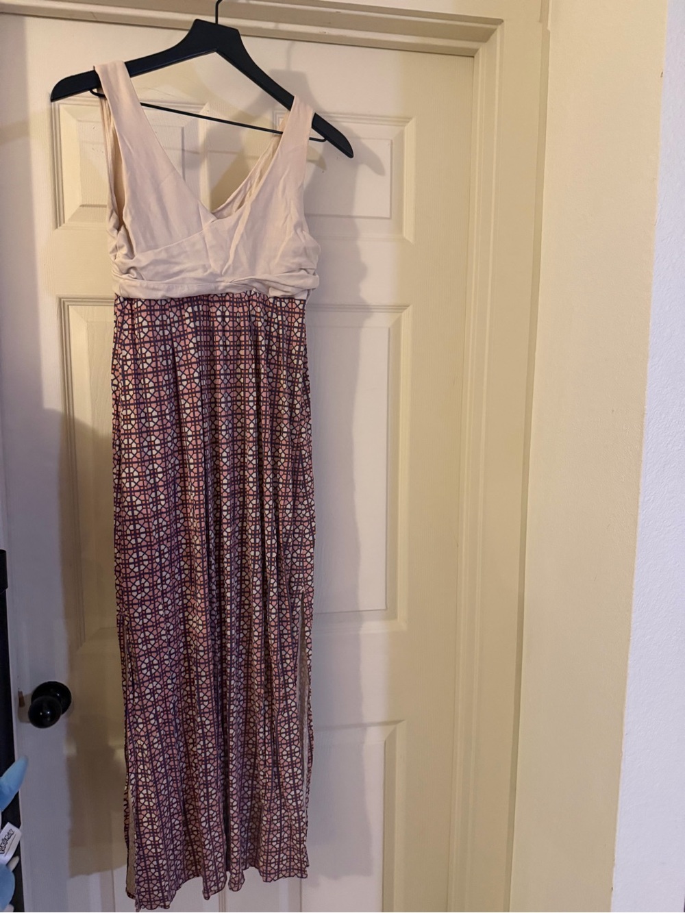 Anthropologie Maeve Beige Wrap-Top Maxi Skirt Dress with Burgundy Geometric - Picture 2 of 8